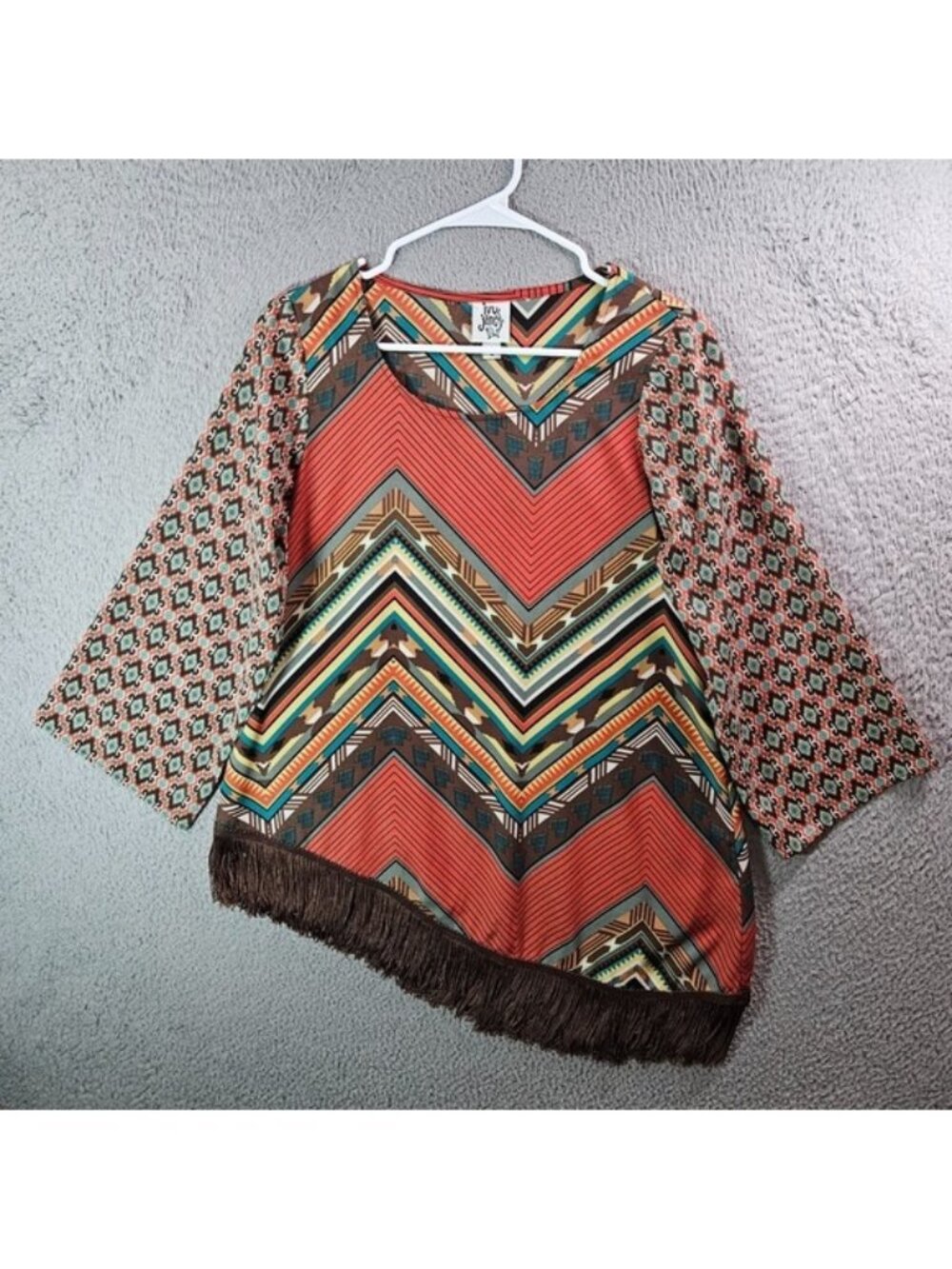 Ivy Jane Tunic Top Blouse Women Small Aztec Print Fringe Hem Colorful  Geometric